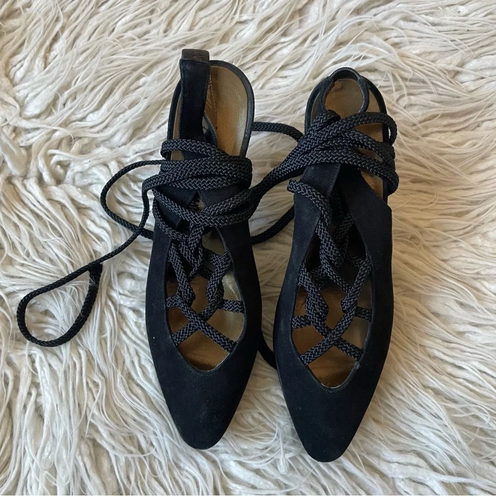 Yves Saint Laurent Dallas Vintage Black Suede Lace Up Ankle Wrap Pumps Size 6.5